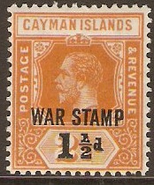 Cayman Islands 1919 1d on 2d Orange "WAR STAMP". SG59.