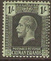 Cayman Islands 1921 1s Black on green. SG79.