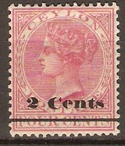 Ceylon 1888 2c on 4c Rose. SG207.