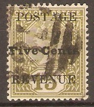 Ceylon 1890 5c on 15c Olive-green. SG233.