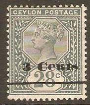 Ceylon 1892 3c on 28c Slate. SG243.