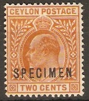 Ceylon 1903 2c Red-brown. SG265. "SPECIMEN"