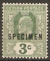 Ceylon 1903 3c Green. SG266. "SPECIMEN"