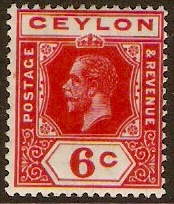 Ceylon 1912 6c Scarlet. SG309.