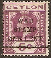 Ceylon 1918 1c on 5c Purple - War Stamp. SG335.