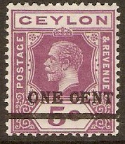 Ceylon 1918 1c on 5c Purple. SG337.