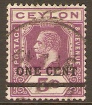Ceylon 1918 1c on 5c Purple. SG337.