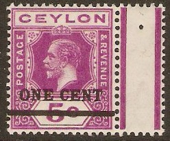 Ceylon 1918 1c on 5c Bright magenta. SG337c.