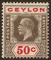 Ceylon 1921 50c Black and scarlet. SG353.