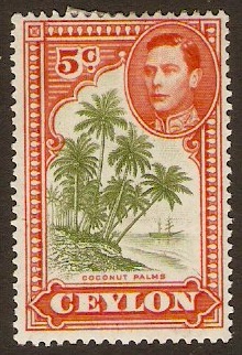 Ceylon 1938 5c Sage-green and orange. SG387f.