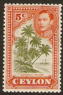 Ceylon 1938 5c Sage-green and orange. SG387fg.