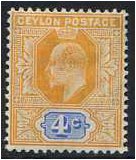 Ceylon 1904 4c. Orange and Ultramarine. SG279.