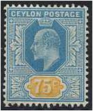 Ceylon 1904 75c. Dull Blue and Orange. SG286.