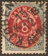 Denmark 1875 8ore red and grey. SG82.