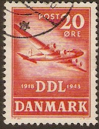 Denmark 1943 20o Bright scarlet Airline Anniversary. SG337.