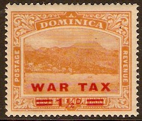 Dominica 1919 1d. on 2d "WAR TAX". Orange. SG59.