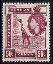 Kenya Uganda and Tanganyika 1954 50c Reddish purple. SG173.