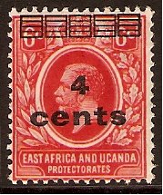 East Africa and Uganda 1919 4c on 6c Scarlet. SG64.