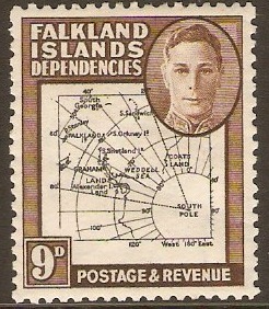 Falkland Islands Dependencies 1946 9d Black and brown. SGG7.