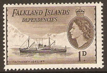 Falkland Islands Depend. 1954 1d Black and sepia-brown. SGG27.