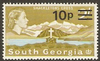 South Georgia 1971 10p on 2s Olive and blue. SG63w.