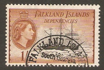 Falkland Islands Dependencies 1954 1s Black and brown. SGG35.