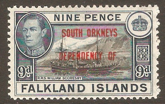 South Orkneys 1944 9d Black and grey-blue. SGC7.