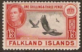 Falkland Islands 1938 1s.3d Black and carmine-red. SG159.