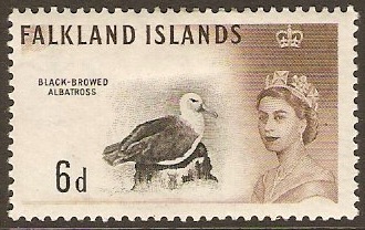 Falkland Islands 1960 6d Black and sepia. SG200.