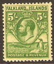Falkland Islands 1929 5s Green on yellow. SG124.