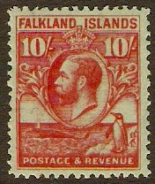 Falkland Islands 1929 10s Carmine on emerald. SG125.