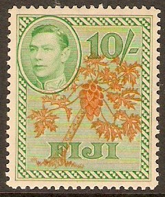 Fiji 1938 10s Orange and emerald. SG266a.
