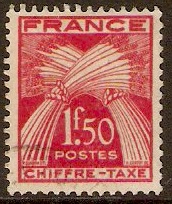 France 1943 1f.50 Scarlet - Postage Due Stamp. SGD791.