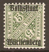 Wurttemberg 1919 5pf Green - Official stamp. SGO234.