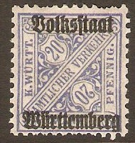 Wurttemberg 1919 20pf Ultramarine - Official stamp. SGO238.