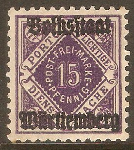 Wurttemberg 1919 15pf Purple - Municipal Stamp. SGM227.