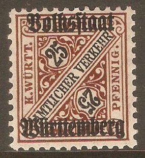Wurttemberg 1919 25pf Black and brown - Official stamp. SGO239.