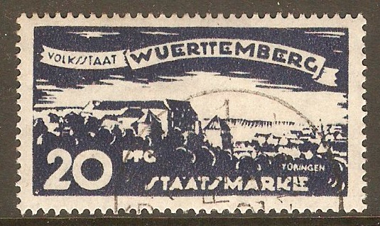Wurttemberg 1920 20pf Indigo - Official stamp. SGO253.