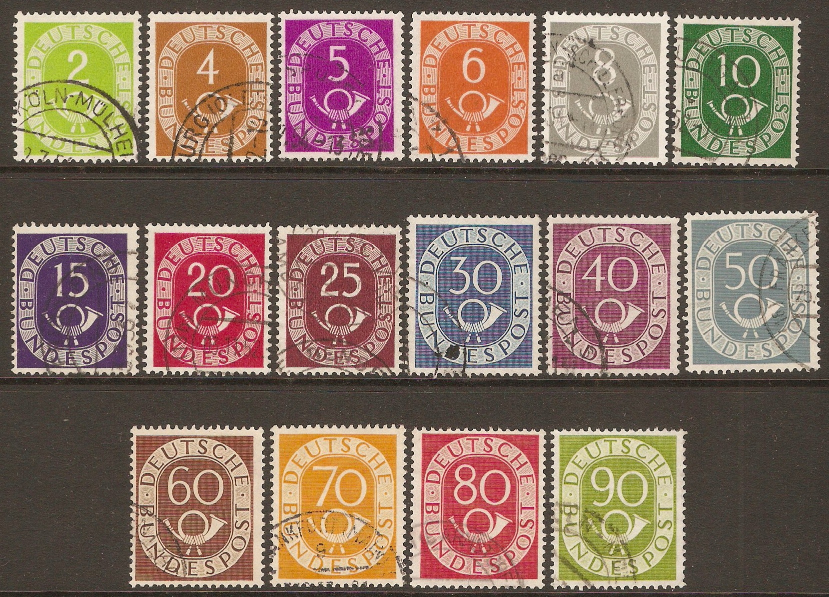 Germany 1951 Numeral and Posthorn set. SG1045-SG1060.
