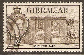Gibraltar 1953 2d Deep olive-brown. SG148.