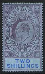 Gibraltar 1906 2s. Purple and Bright Blue on Blue Paper. SG72.