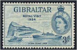 Gibraltar 1954 3d Light blue Royal Visit Stamp. SG159.