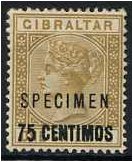 Gibraltar 1889 75c. On 1s. Bistre Specimen. SG21.