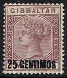 Gibraltar 1889 25c. on 2d. Brown-Purple. SG17.