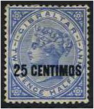 Gibraltar 1889 25c. on 2d. Bright Blue. SG18.