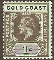 Gold Coast 1913 1s Black on blue-green, olive back. SG79c.