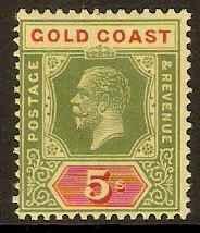 Gold Coast 1921 5s Green and red on pale yellow. SG98.