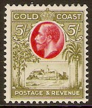 Gold Coast 1928 5s Carmine and sage-green. SG112.