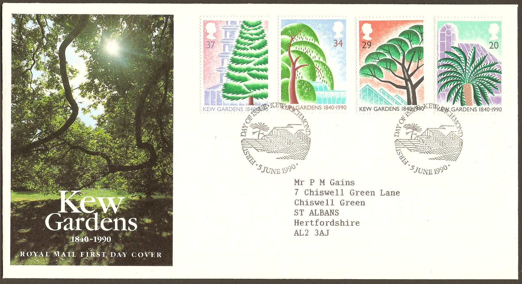 Great Britain 1990 Kew Gardens Stamp Set FDC.