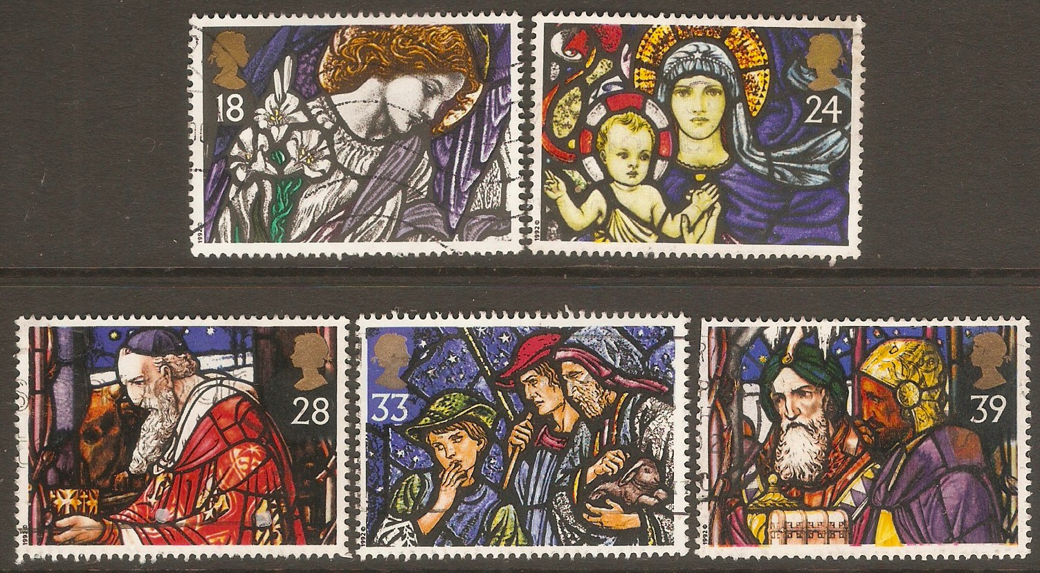 Great Britain 1992 Christmas - Stained Glass set. SG1634-SG1638.